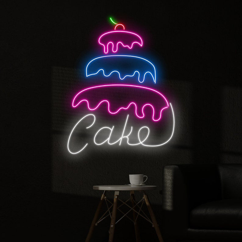 Birthday Cake Neon, Neon sign, Bakery decor, Birthday cake-themed signage, Vibrant lighting, Stylish ambiance, Illuminated sign, Trendy neon sign, Chic bakery, Celebration atmosphere