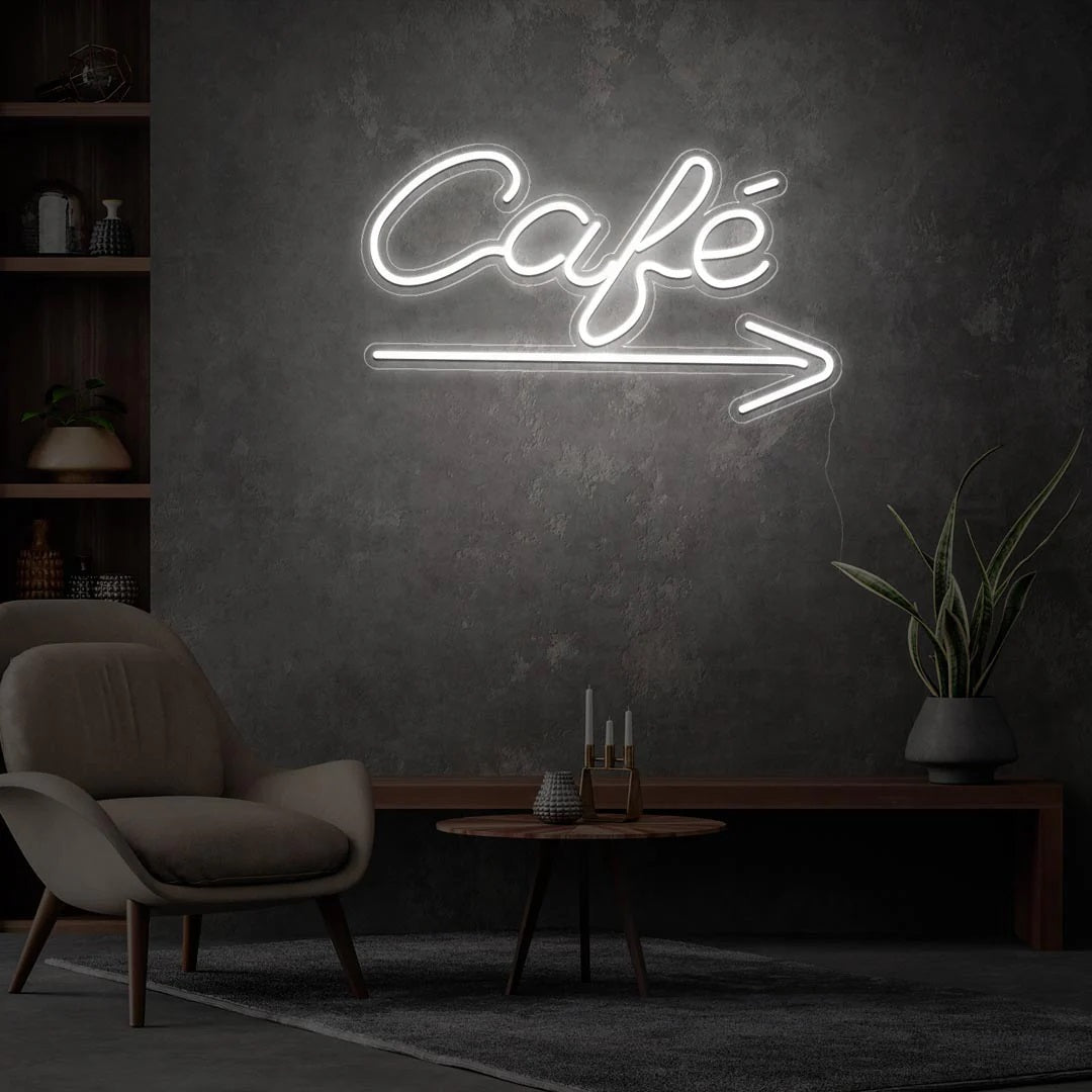 Cafe with arrow Neon, Neon sign, Cafe decor, Arrow sign, Vibrant lighting, Stylish ambiance, Illuminated sign, Trendy neon sign, Chic cafe, Cafe atmosphere