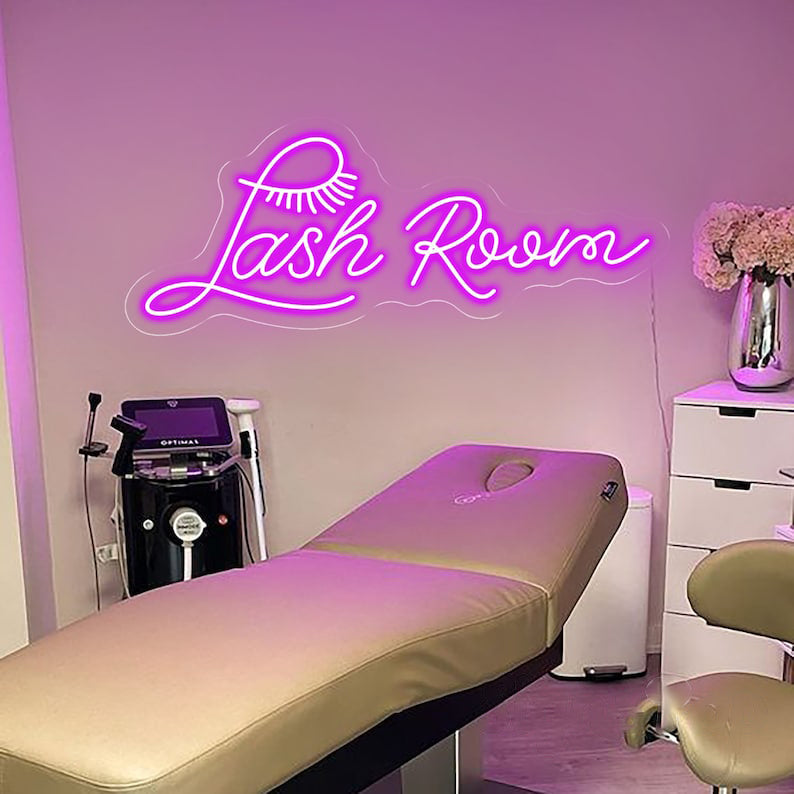 Lash Room Neon, Neon sign, Lash salon decor, Eyelash extensions room, Vibrant lighting, Stylish ambiance, Illuminated sign, Trendy neon sign, Chic lash studio, Salon atmosphere, Lash artist pride