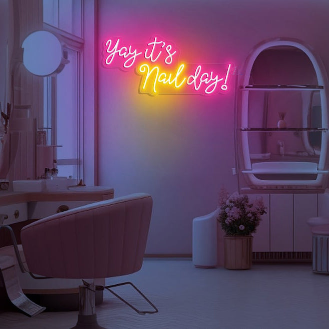 Yay It's Nail Day Neon, Nail salon decor, Neon sign, Manicure vibes, Nail art enthusiast, Vibrant lighting, Nail care ambiance, Stylish nail salon, Illuminated sign, Nail appointment excitement, Chic nail studio, Trendy neon sign, Salon atmosphere, Nail technician pride