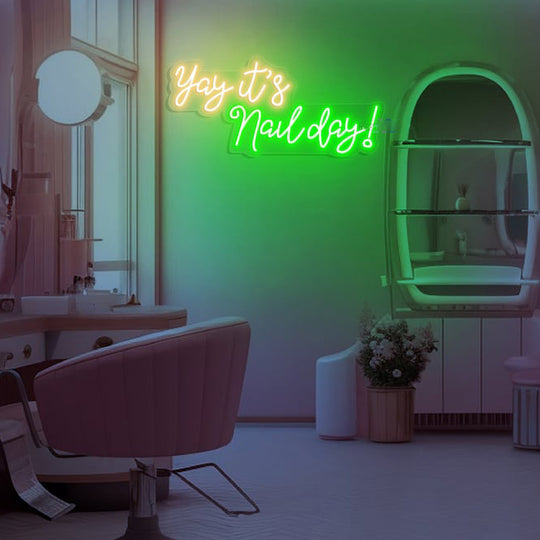 Yay It's Nail Day Neon, Nail salon decor, Neon sign, Manicure vibes, Nail art enthusiast, Vibrant lighting, Nail care ambiance, Stylish nail salon, Illuminated sign, Nail appointment excitement, Chic nail studio, Trendy neon sign, Salon atmosphere, Nail technician pride