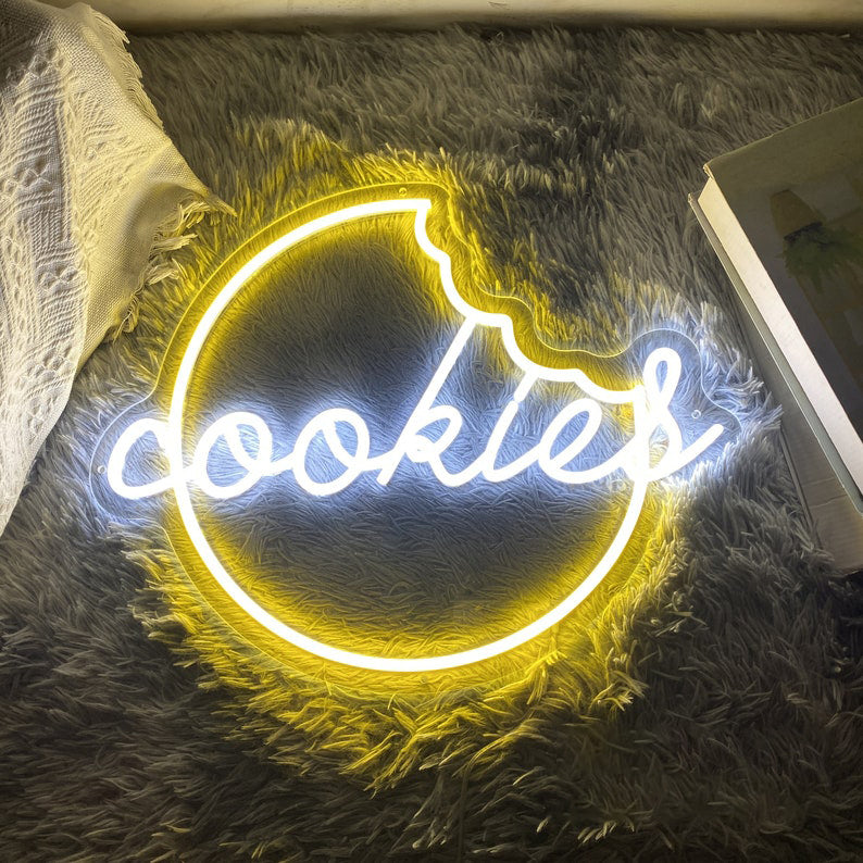 Cookies Neon, Neon sign, Bakery decor, Cookie-themed signage, Vibrant lighting, Stylish ambiance, Illuminated sign, Trendy neon sign, Chic bakery, Sweet atmosphere