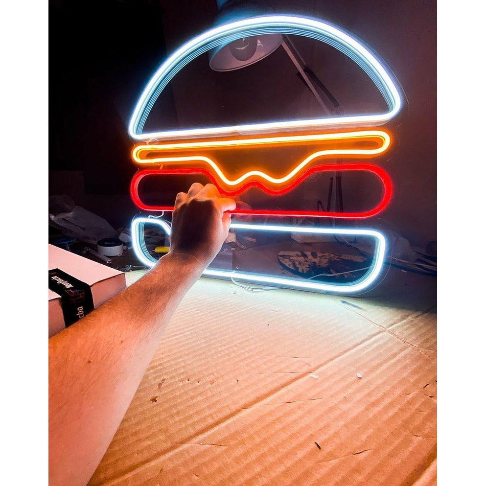 Néon Hamburger 30 cm - Prise et Interrupteur on/Off Inclus Neon LED pour  Decoration Chambre Enfant ou Déco Néon - Lampe Murale Néon LED Hamburger  sur Secteur avec Interrupteur